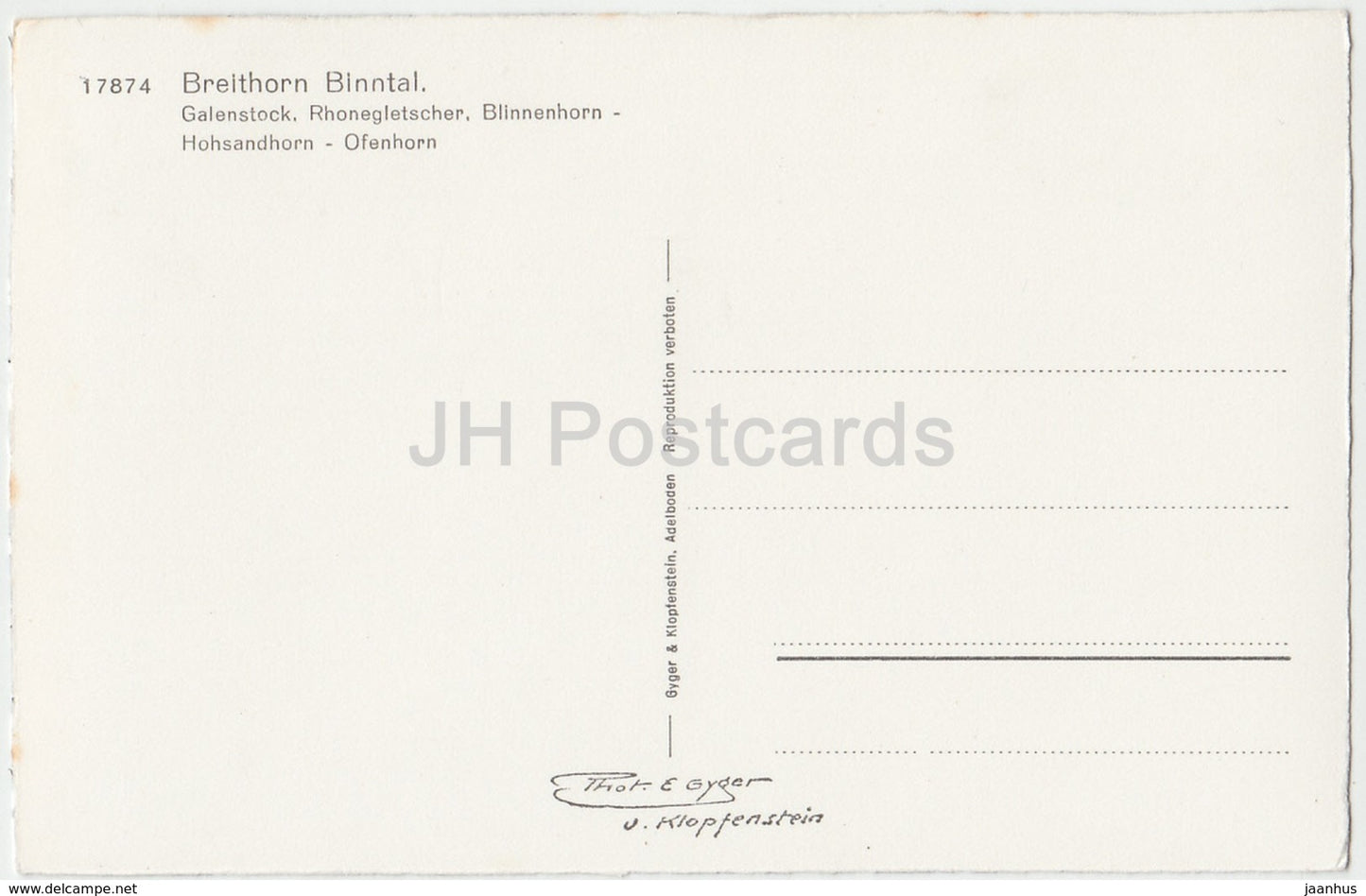 Breithorn Binntal - Galenstock - Rhonegletscher - Blinnenhorn - 17874 - Switzerland - old postcard - unused
