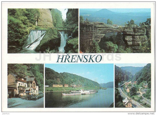 Hrensko - waterfall - Pravcicka gate - hotel Klepac - passenger boat - Czechoslovakia - Czech - used 1991 - JH Postcards
