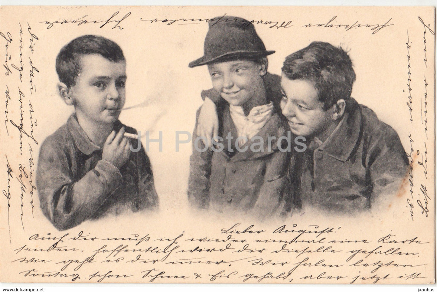 smoking boys - children - Serie 105 - illustration - old postcard - 1902 - used - JH Postcards