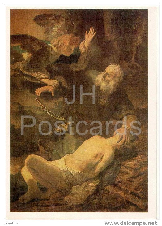 painting by Rembrandt - Abraham´s Sacrifice , 1635 - angel - dutch art - unused - JH Postcards