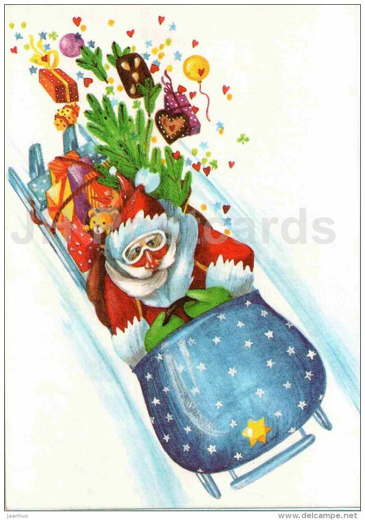 Christmas Greeting card - illustration by M. Stolarow - Santa Claus - sledge - gifts - Germany - used - JH Postcards
