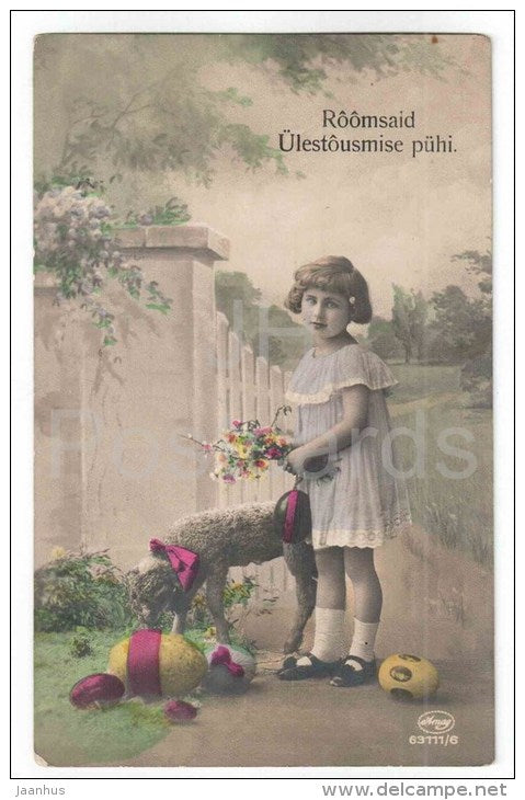 Easter Greeting Card - girl - sheep - eggs - Amag 63111/6 - circulated in Estonia 1920s - JH Postcards
