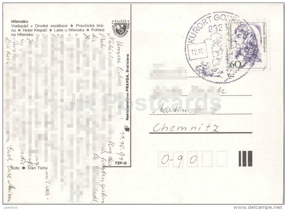 Hrensko - waterfall - Pravcicka gate - hotel Klepac - passenger boat - Czechoslovakia - Czech - used 1991 - JH Postcards