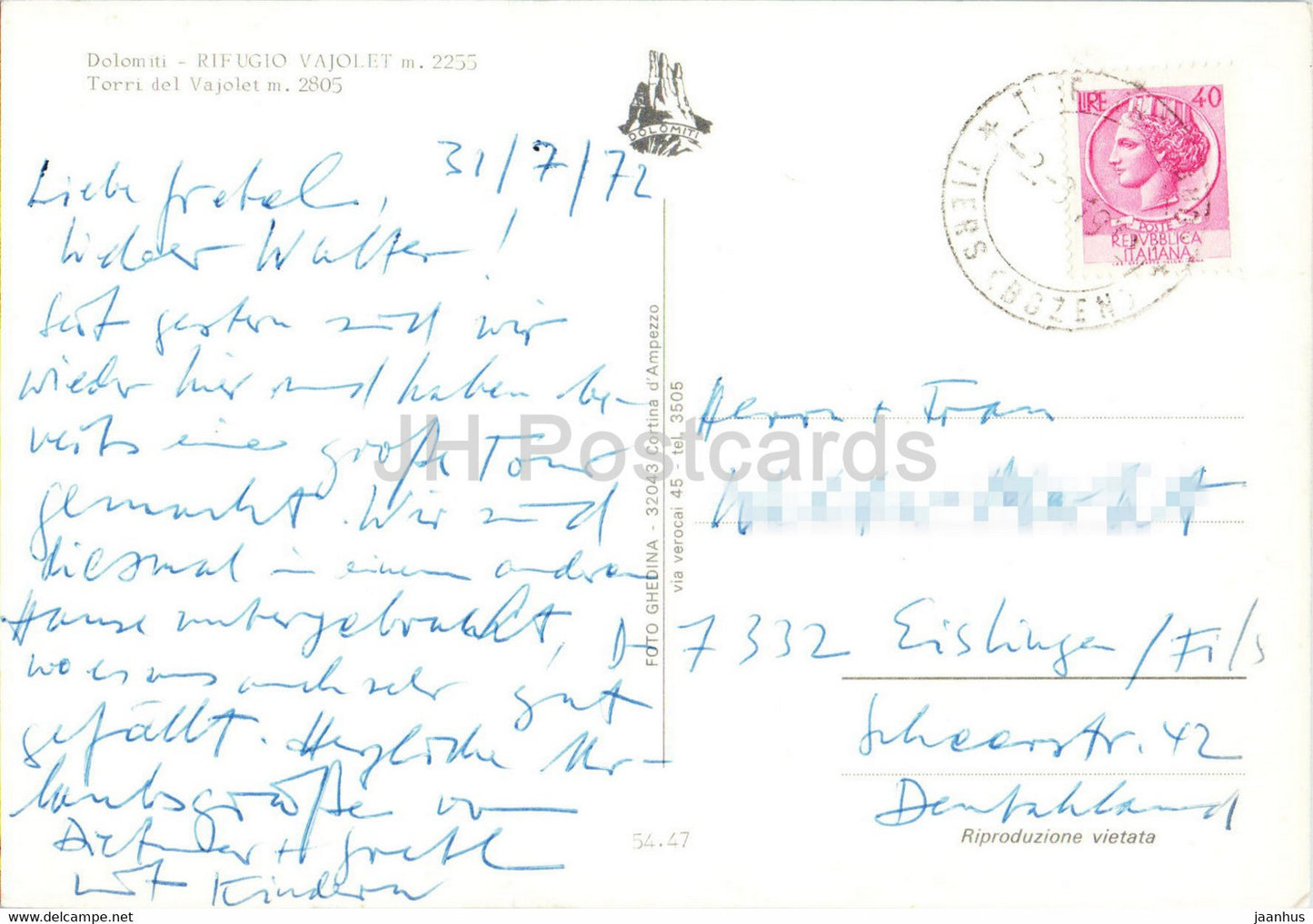 Dolomiti - Rifugio Vajolet - Torri del Vajolet - 1972 - Italy - used