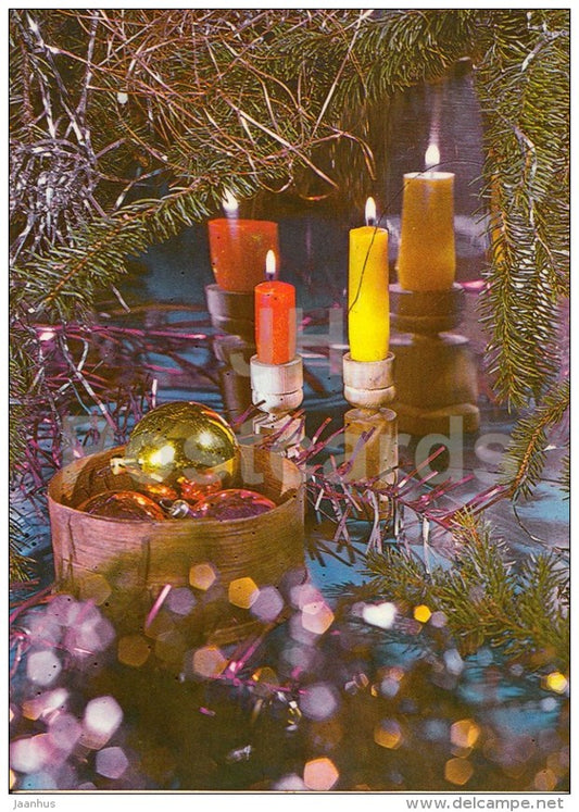 New Year Greeting card - 3 - candles - decorations - 1983 - Estonia USSR - used - JH Postcards