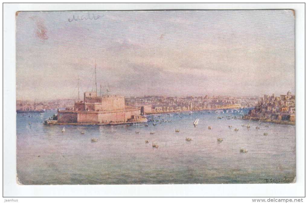 Fort St. Angelo and Dockyard Creek , illustration by Esposito - by Critien`s - old postcard - Malta - used - JH Postcards