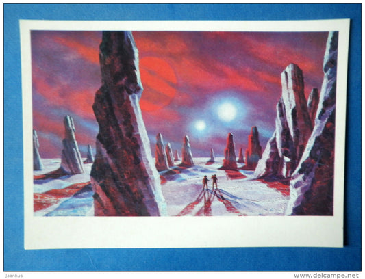 illustration by A. Sokolov - In the World of two Suns - cosmonauts - space - Russia USSR - 1973 - unused - JH Postcards