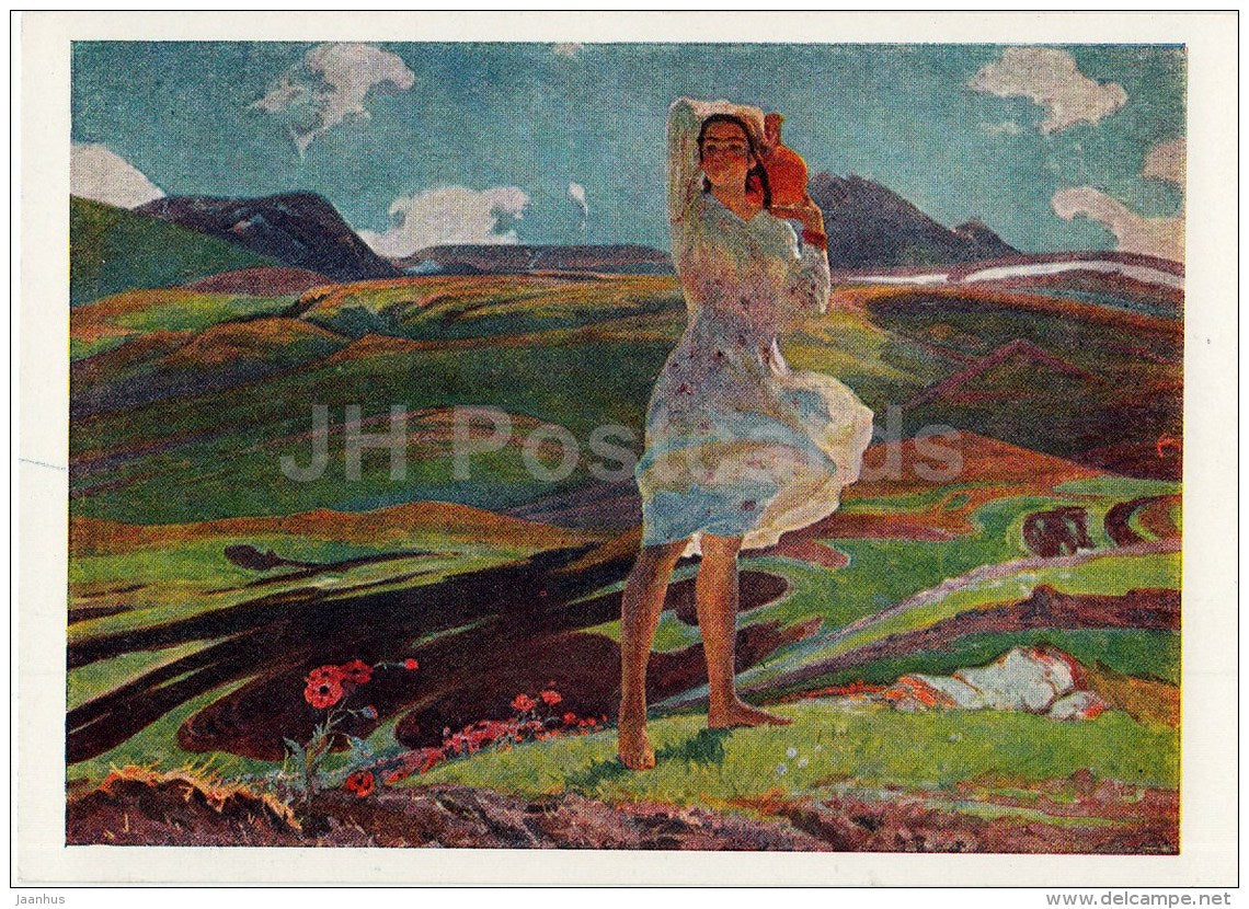 painting by O. Zardaryan - The Spring , 1956 - woman - mountains - Russian Art - 1964 - Russia USSR - unused - JH Postcards