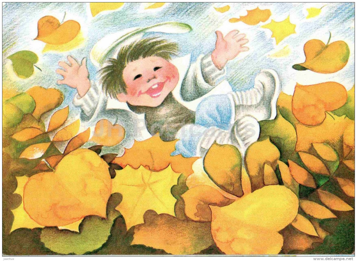illustration by Ü. Meister - 12 Months , October - boy - autumn - 1990 - Estonia USSR - unused - JH Postcards