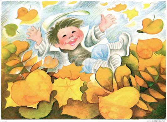 illustration by Ü. Meister - 12 Months , October - boy - autumn - 1990 - Estonia USSR - unused - JH Postcards