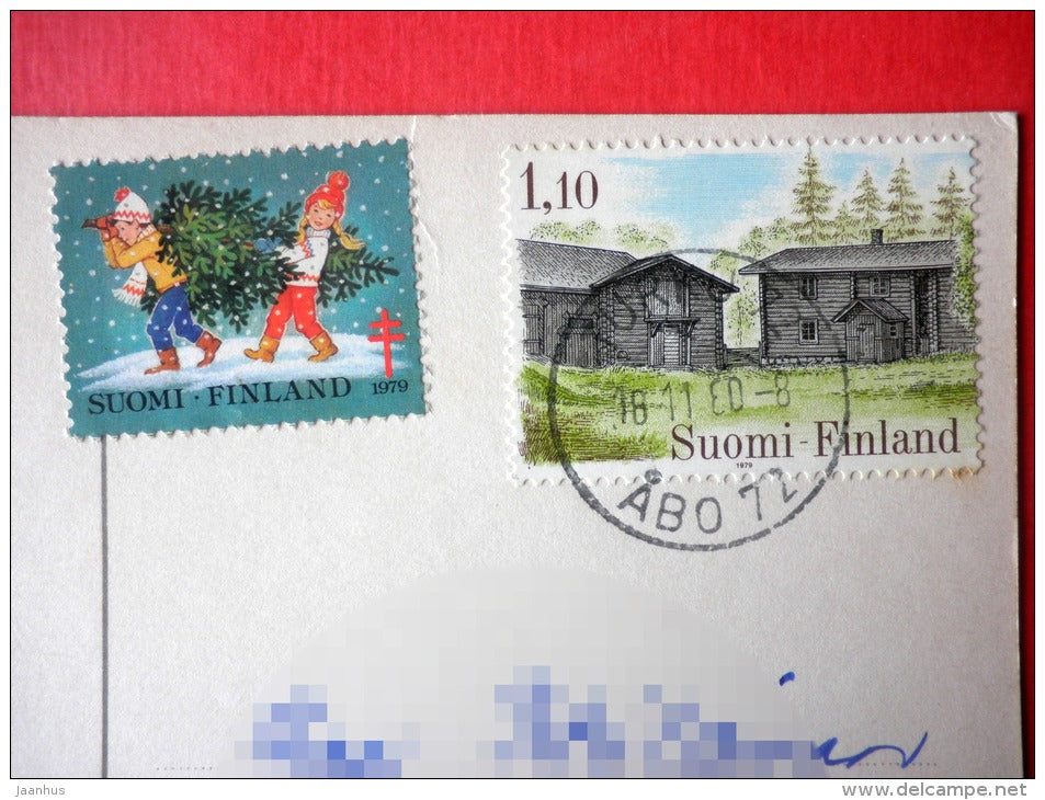 Christmas Greeting Card - children - birds - house - 80/32 - Finland - sent from Finland Turku to Estonia USSR 1980 - JH Postcards