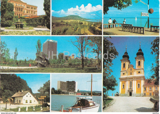 Greeting from the lake Balaton - church - boat - hotel - multiview - 1986 - Hungary - used - JH Postcards
