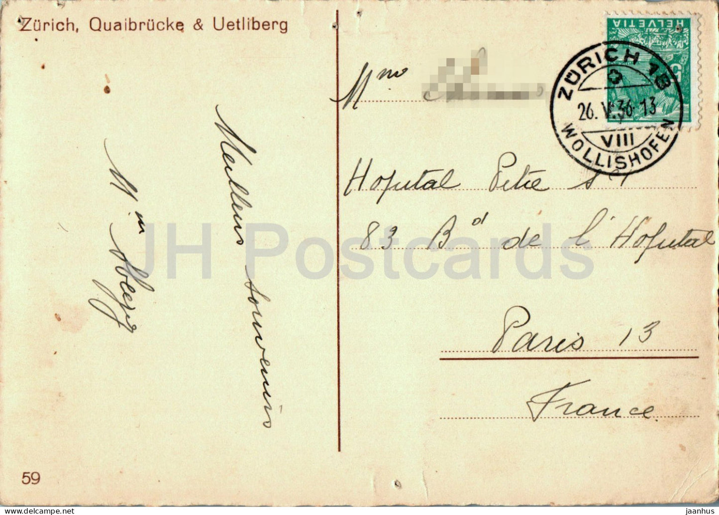 Zurich - Quaibrucke - Uetliberg - tram - bridge - old postcard - 59 - 1936 - Switzerland - used
