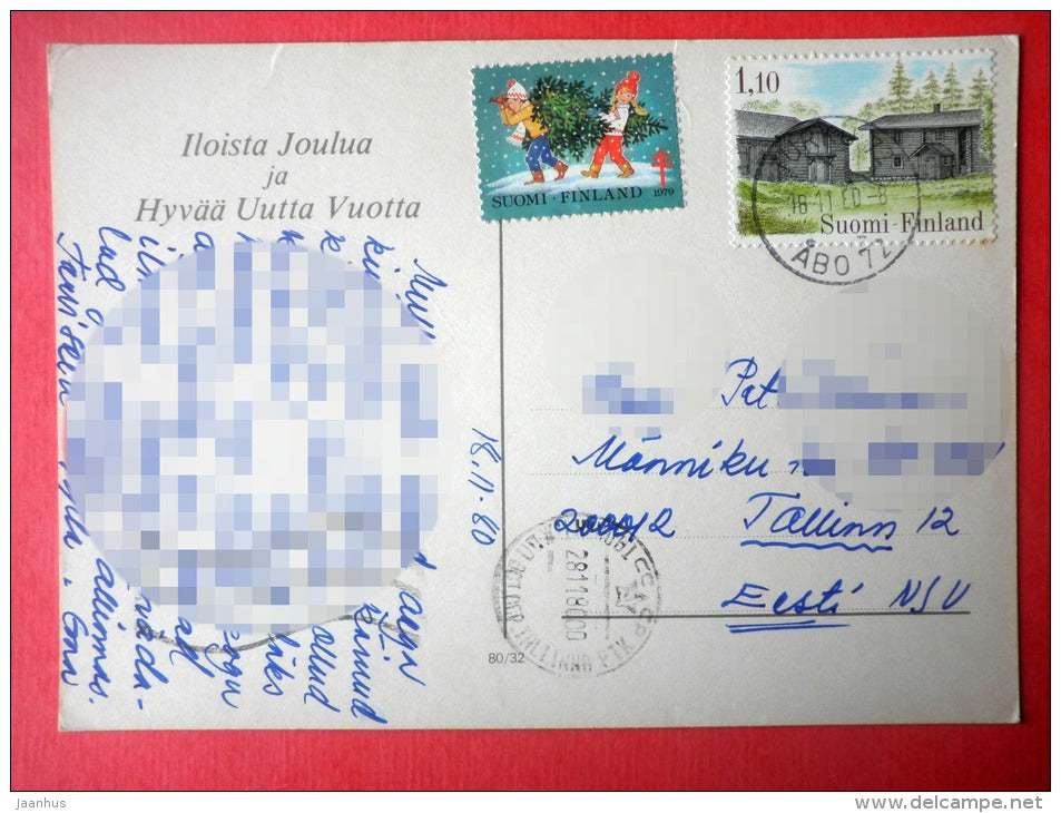 Christmas Greeting Card - children - birds - house - 80/32 - Finland - sent from Finland Turku to Estonia USSR 1980 - JH Postcards