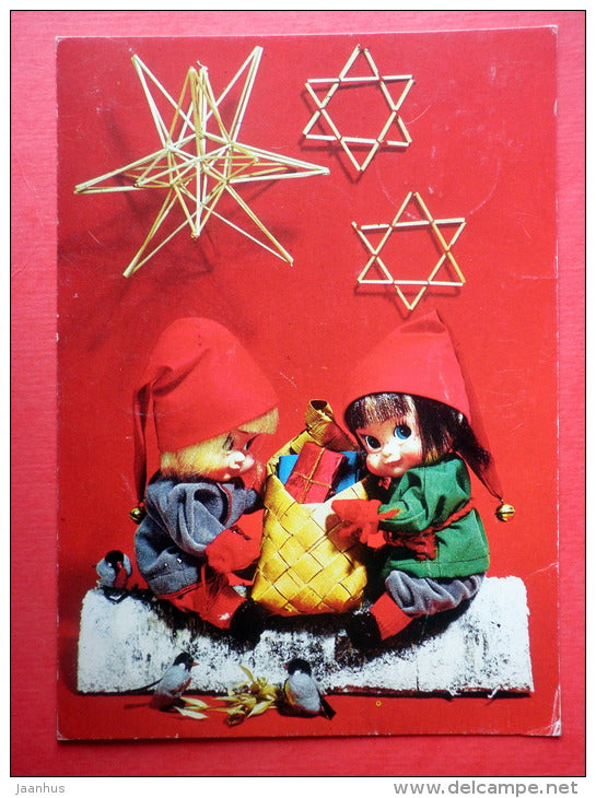 Christmas Greeting Card - children - birds - house - 80/32 - Finland - sent from Finland Turku to Estonia USSR 1980 - JH Postcards