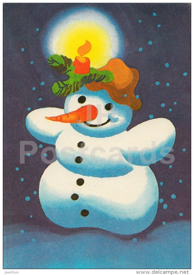 New Year Greeting Card by L. Härm - 2 - Snowman - candle - 1977 - Estonia USSR - used - JH Postcards