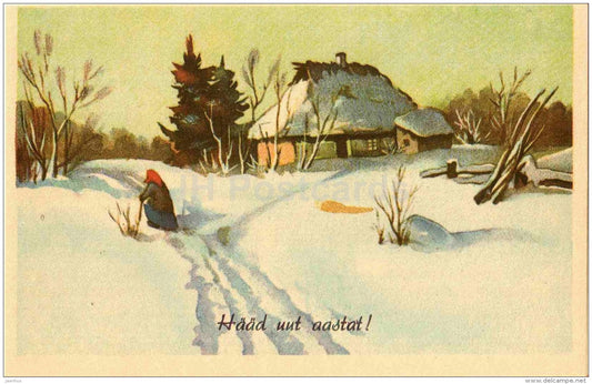 New Year Greeting Card - old woman - winter road - farm house - REPRODUCTION ! - 1988 - Estonia USSR - unused - JH Postcards