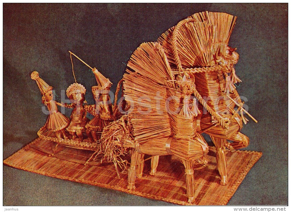Troika - horses - Belarusian Straw Toys - 1974 - Russia USSR - unused - JH Postcards