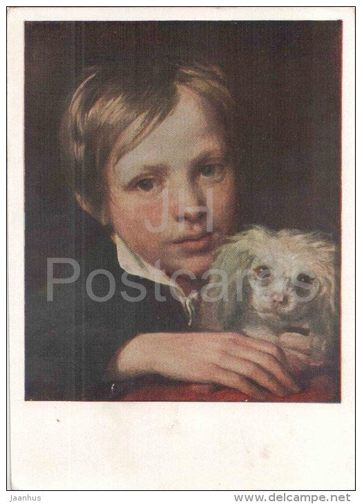 painting by A. Varnek - Boy with a lapdog - dog - russian art - unused - JH Postcards