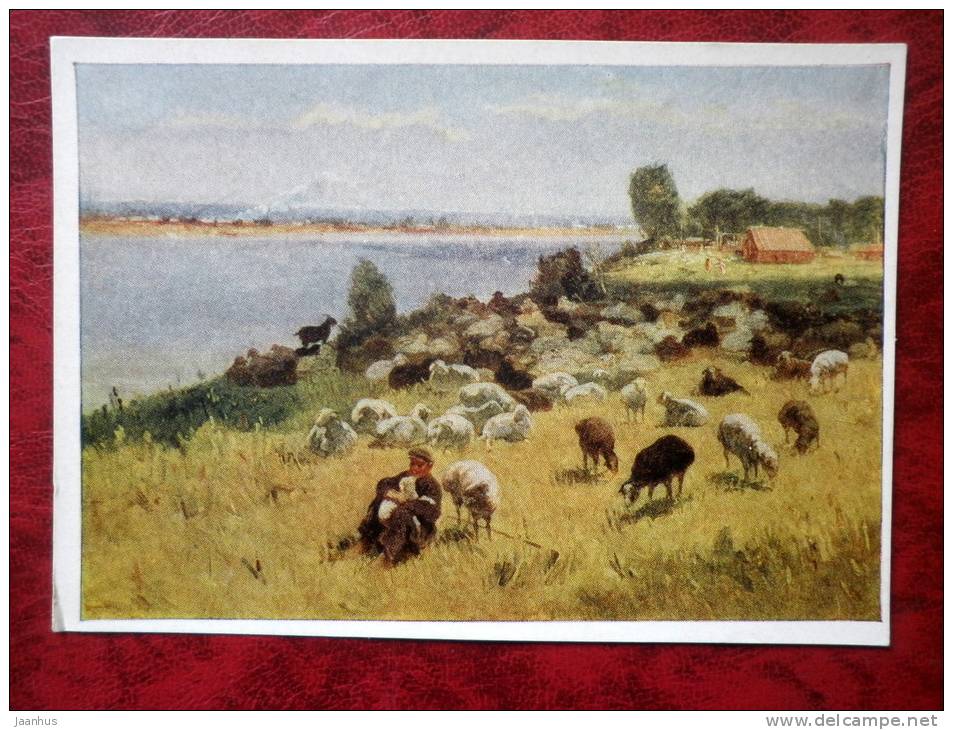 Painting by M. G. Abdulaev - expanse - shepherd - sheep - russian art - unused - JH Postcards