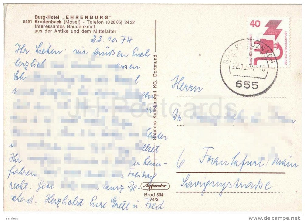 Burg-Hotel Ehrenburg - Baudenkmal aus der Antike und dem Mittelalter - schloss - castle - Brod 504 - 1974 gelaufen - JH Postcards