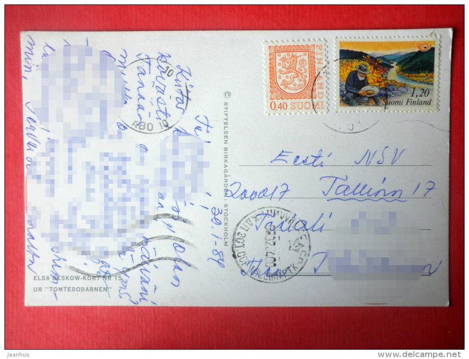 Christmas Greeting Card by Elsa Beskow - hare - children - nr 15 - Sweden - sent to Estonia USSR 1984 - JH Postcards