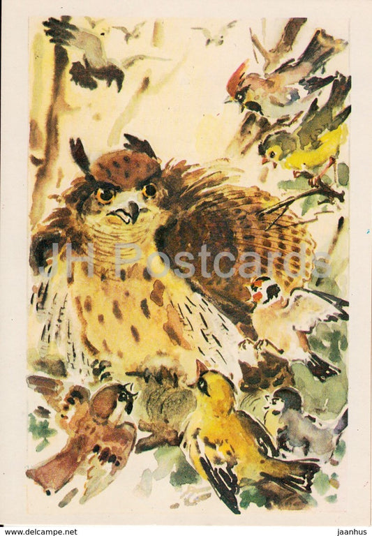 illustration by L. Gamburger - owl - birds - animals - Postcards for Children - 1984 - Russia USSR - unused - JH Postcards