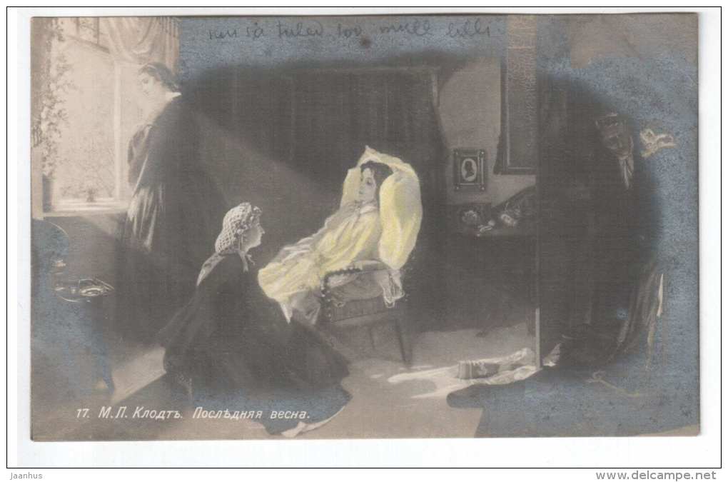 painting by M. P. Klodt - Last Spring - Young  Woman - illness - 17 - signed - Tsarist Russia - unused - JH Postcards