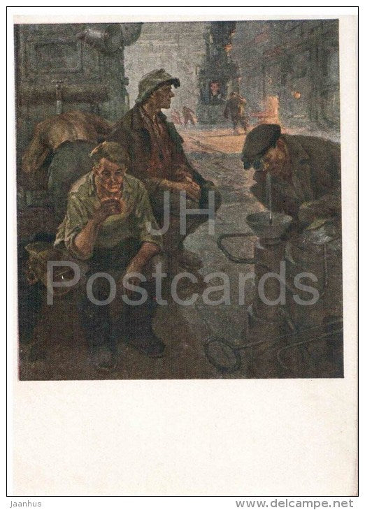 painting by A. Burak - Melting Factory - workers - heavy industry - russian art - unused - JH Postcards