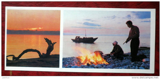 evening - boat - bonfire - on Lake Baikal - 1975 - Russia USSR - unused - JH Postcards