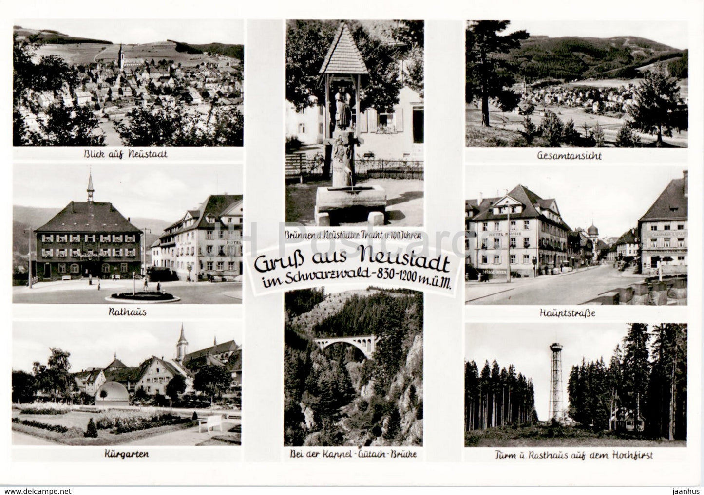 Gruss aus Neustadt im Schwarzwald - Rathaus - Kurgarten - Hauptstrasse - Brunnen - old postcard - Germany - unused - JH Postcards