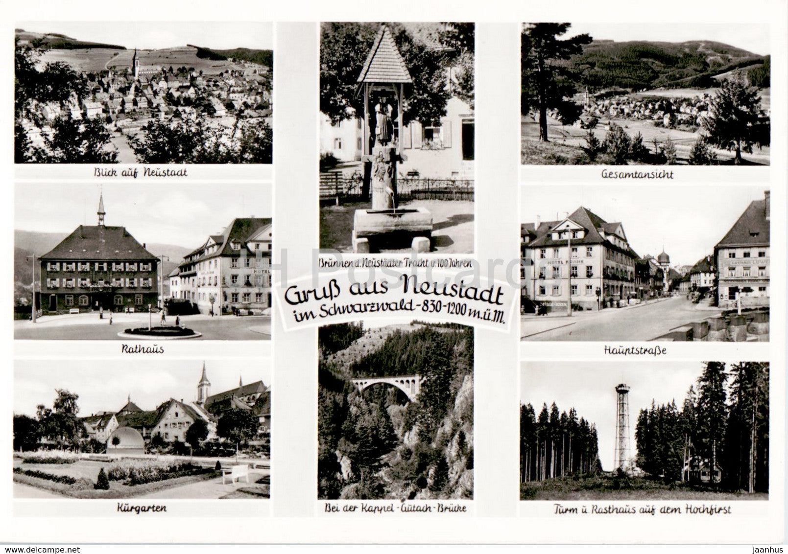 Gruss aus Neustadt im Schwarzwald - Rathaus - Kurgarten - Hauptstrasse - Brunnen - old postcard - Germany - unused - JH Postcards