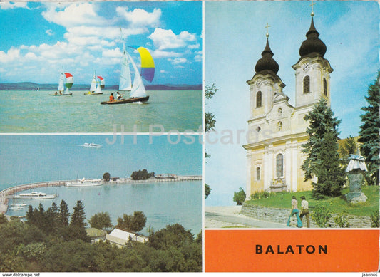 Greeting from the lake Balaton - church - sailing boat - multiview - 1984 - Hungary - used - JH Postcards