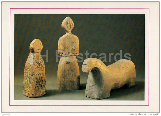 Dolls and Horse of Carved Wood with Proker Work - Russian Folk Toy - 1988 - Russia USSR - unused - JH Postcards