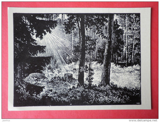 engraving by Arturs Duburs - Morning - forest - latvian art - unused - JH Postcards
