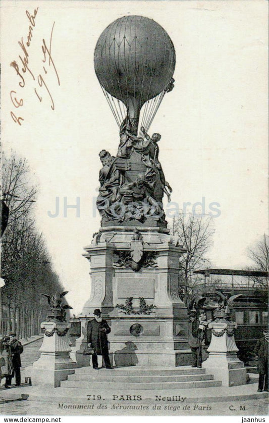 Paris - Neuilly - Monument des Aeronautes du siege de Paris - 719 - old postcard - 1917 - France - used - JH Postcards