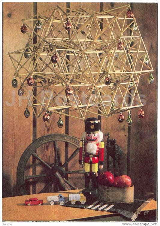 New Year greeting card - decorations - doll - 1970 - Estonia USSR - unused - JH Postcards