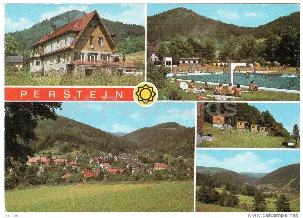Pernstejn - town views - swimming pool - Czechoslovakia - Czech - used 1980 - JH Postcards