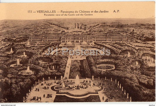 Versailles - Panorama du Chateau et des Jardins - panoramic view of the Castle - 133 - old postcard - France - unused - JH Postcards