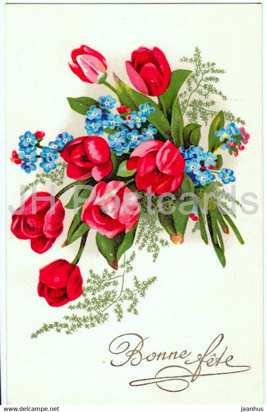 Birthday Greeting Card - Bonne Fete - flowers - tulips - Fleur GIL - illustration - 1962 - France - used - JH Postcards