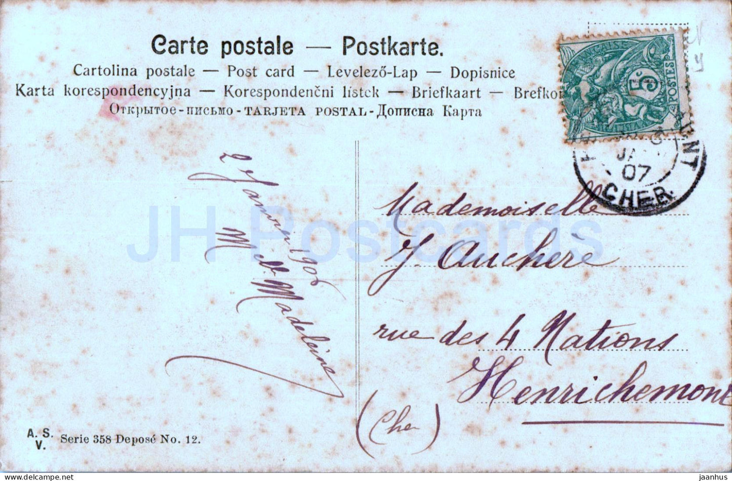 Neujahrsgrußkarte – Heureuse Annee – ASV – 12 – alte Postkarte – 1907 – Frankreich – gebraucht