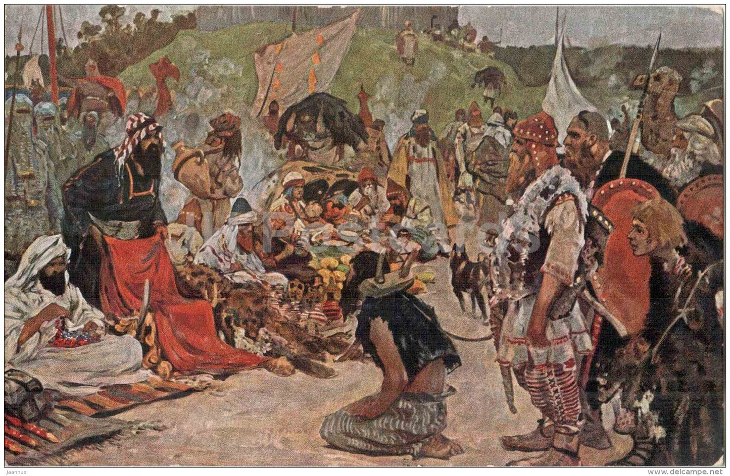 painting by S. Ivanov , Iwanow , Iwanoff - Trade among the Eastern Slavs - russian art - used in Tsarist Russia - JH Postcards