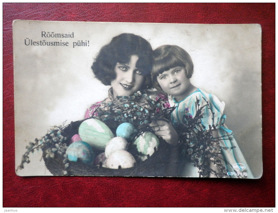 Easter Greeting Card - mother and daughter - Amag 63434/6 - circulated in Estonia 1927 , Abja - Germany - used - JH Postcards