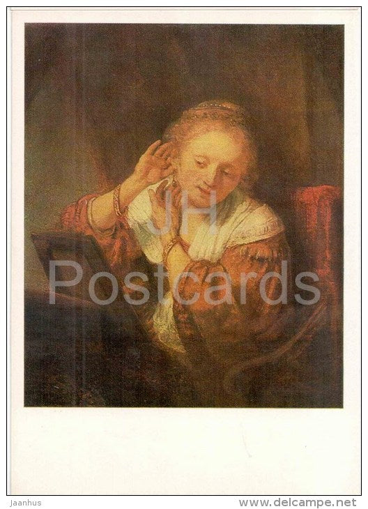 painting by Rembrandt - Young Woman with Earrings , 1657 - dutch art - unused - JH Postcards