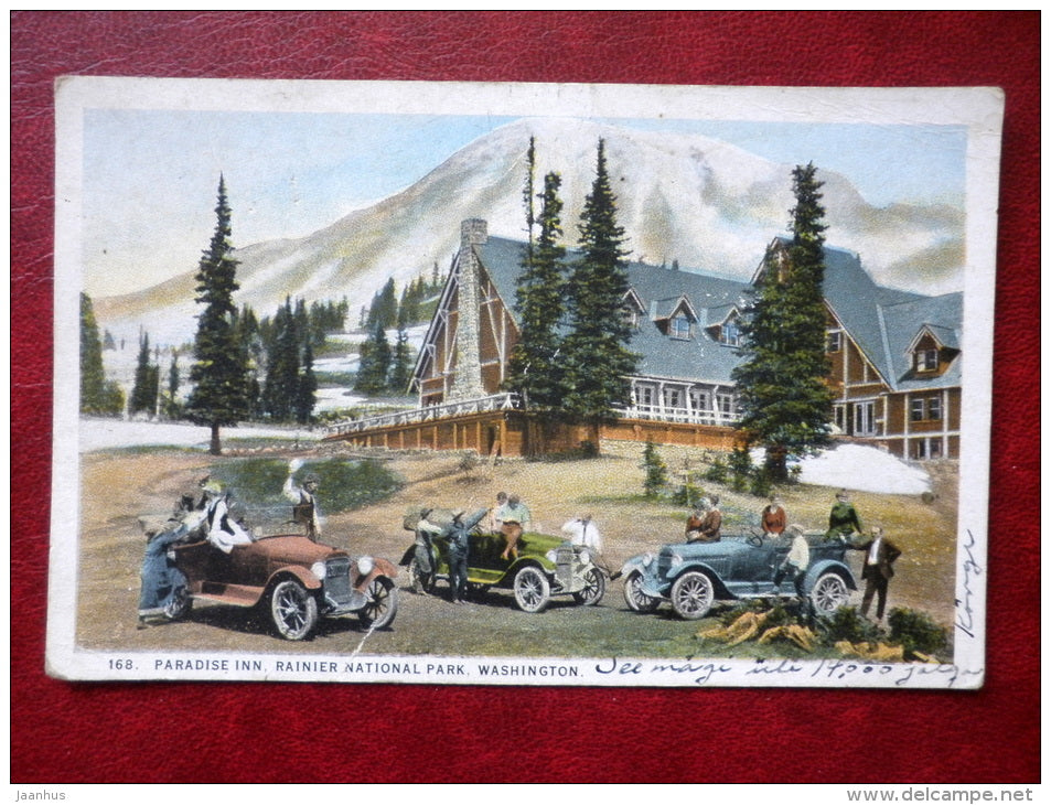 Paradise Inn , Rainier National Park , Washington - old cars - sent to Estonia in 1924 - USA - used - JH Postcards