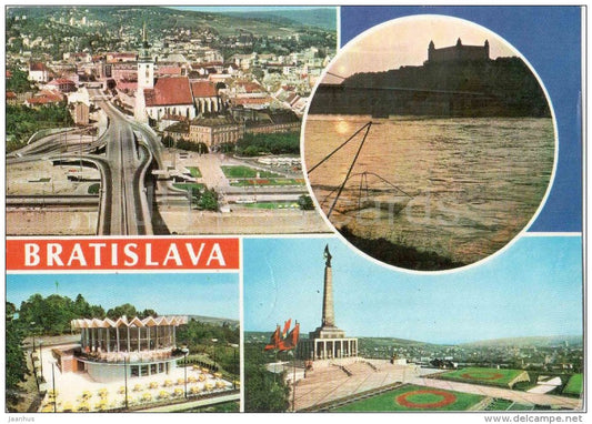 Bratislava - view of the city from the bridge SNP - castle - Restaurant - Czechoslovakia - Slovakia - used in 1974 - JH Postcards