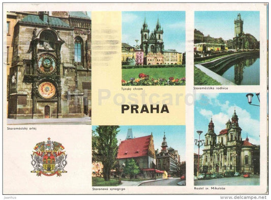 Praha - Prague - Old Town square clock - Tyn cathedral - Town Hall - synagogue - Czechoslovakia - Czech - used 1966 - JH Postcards