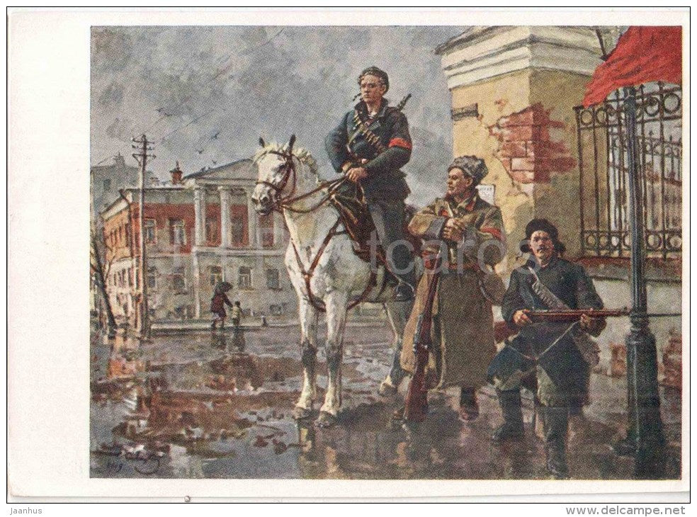 painting by G. Savitsky - First Days of October - revolution - horse - soldiers - russian art - unused - JH Postcards
