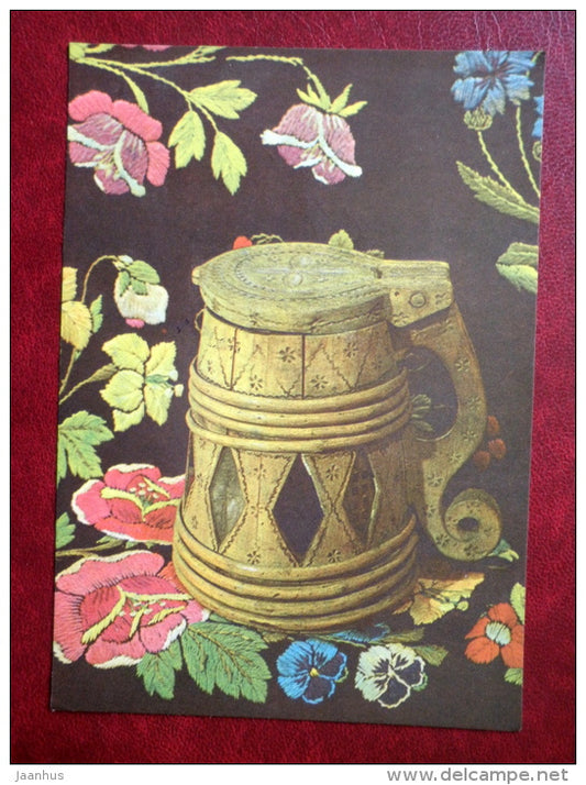 New Year Greeting card - beer mug - embroidered quilt - 1983 - Estonia USSR - used - JH Postcards