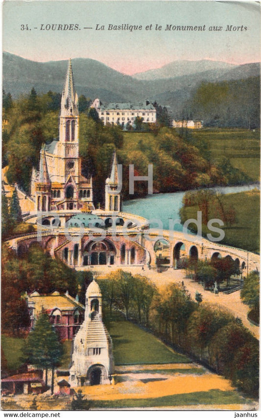 Lourdes - La Basilique et le Monument aux Morts - 34 - cathedral - old postcard - France - used - JH Postcards